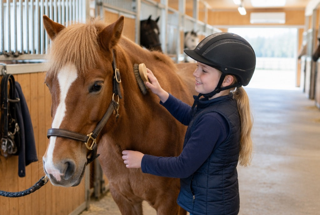 Flicka borstar en ponny i en ridskolas stallgång