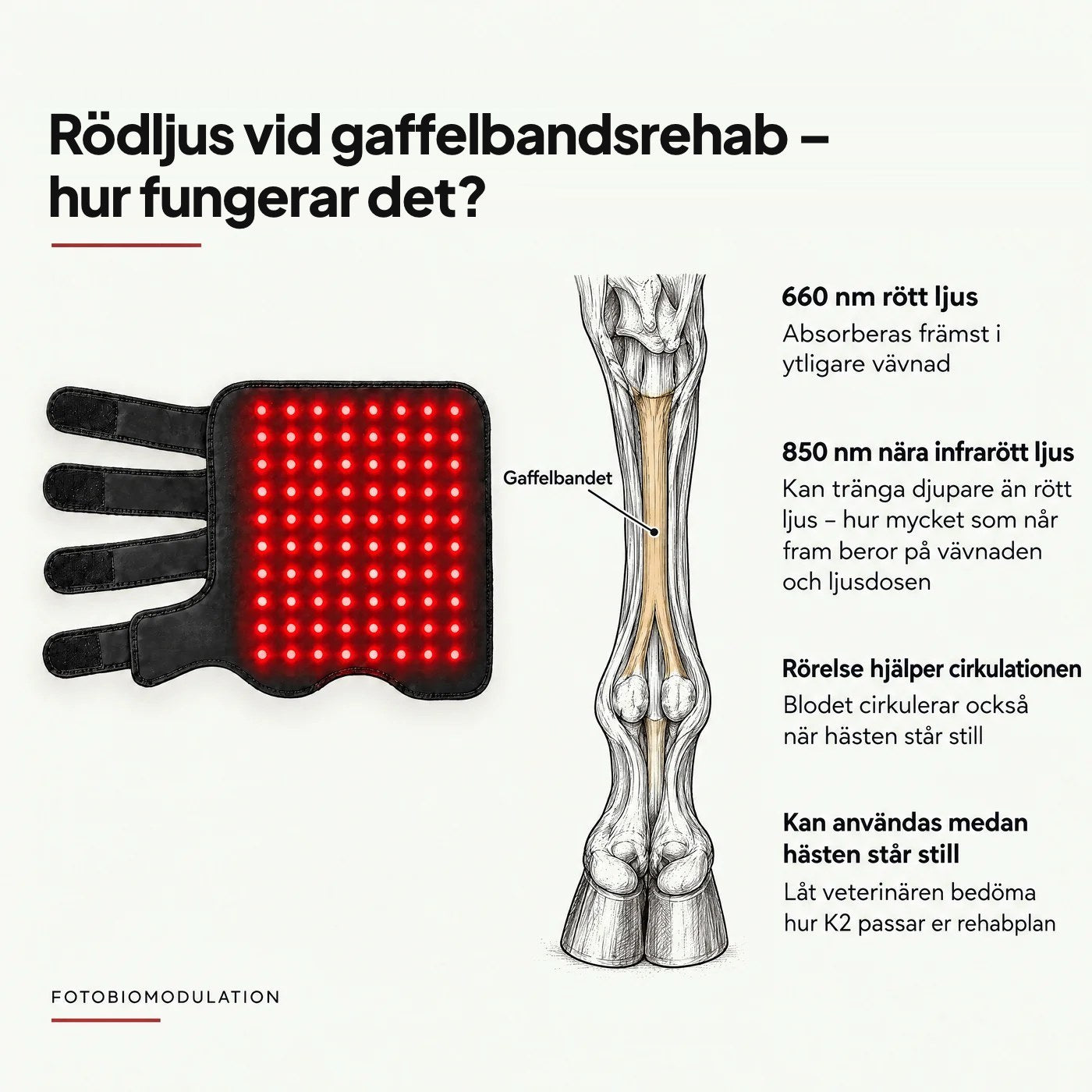 Rödljus vid gaffelbandsrehab: 660 nm rött och 850 nm nära infrarött ljus, så fungerar det