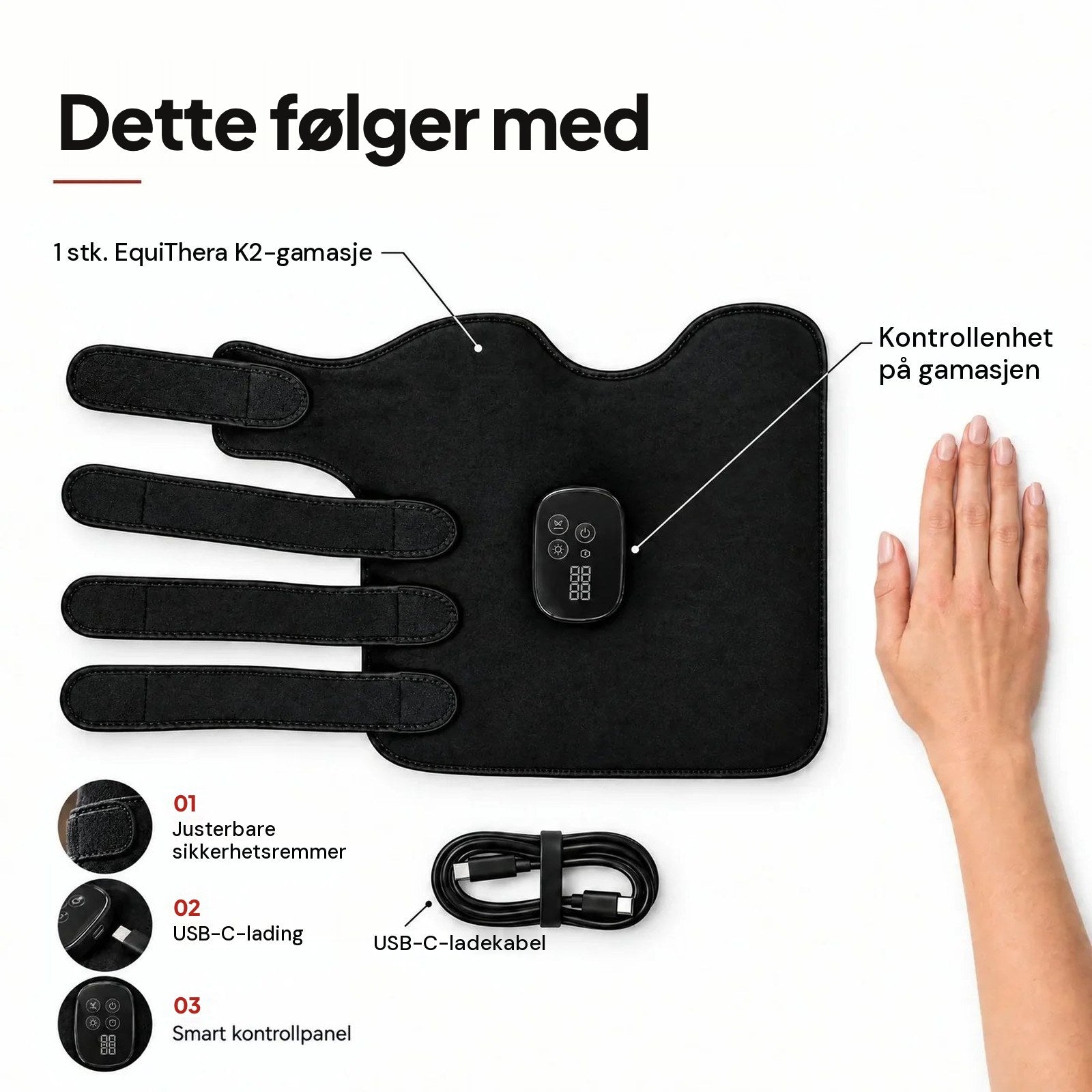 Dette følger med: EquiThera K2-gamasje med kontrollenhet, sikkerhetsremmer og USB-C-ladekabel