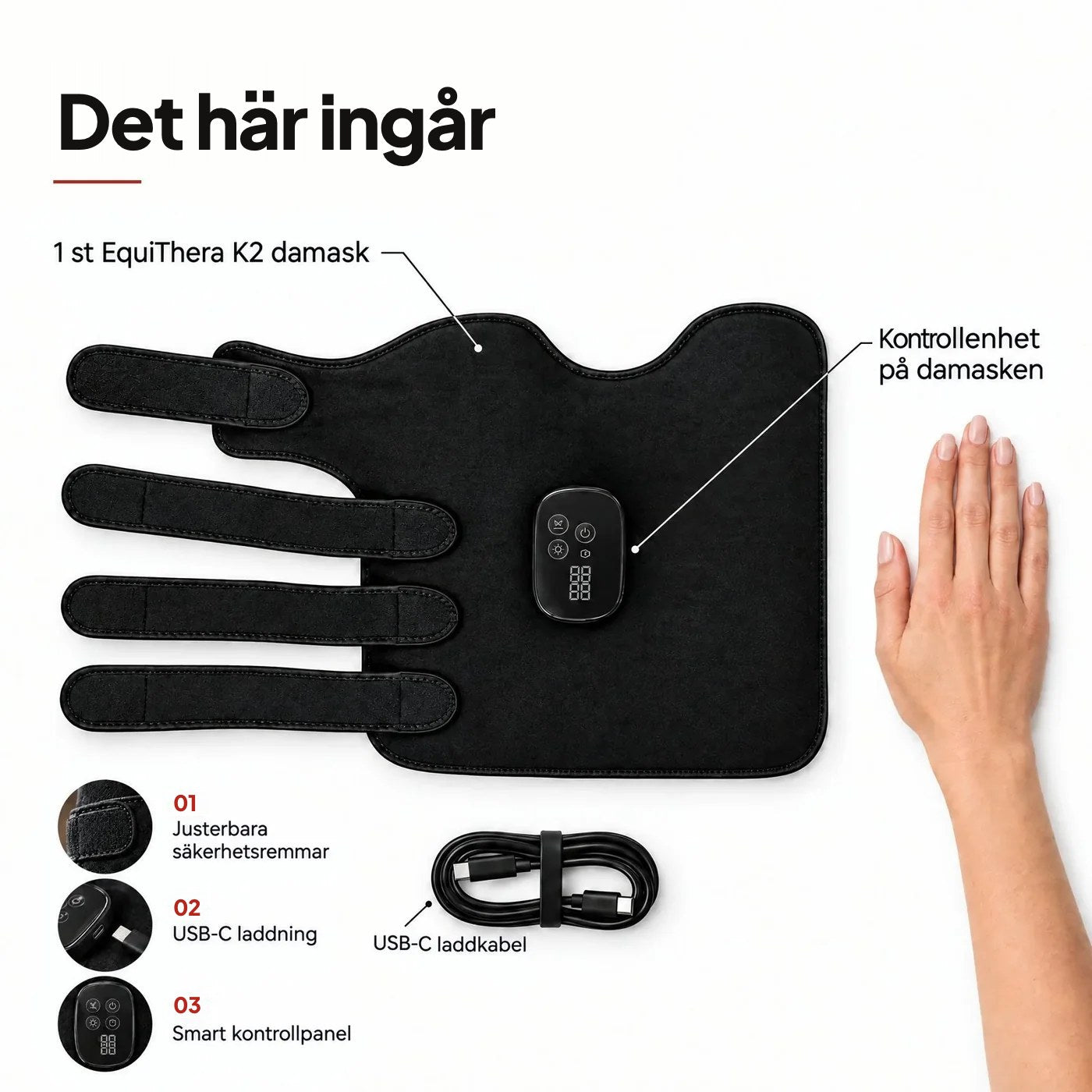 Det här ingår: EquiThera K2-damask med kontrollenhet, säkerhetsremmar och USB-C-laddkabel